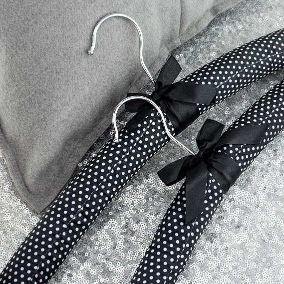 HANGERWORLD 10 Black & White Polka Dot Satin Padded Coat Hangers - 17inch for Adult Clothes Closet Storage - No Shoulder Bumps for Sweaters