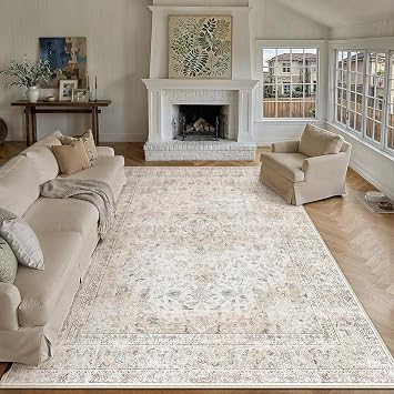 8x10 Washable Area Rug Beige Grey Non Slip Vintage Carpet
