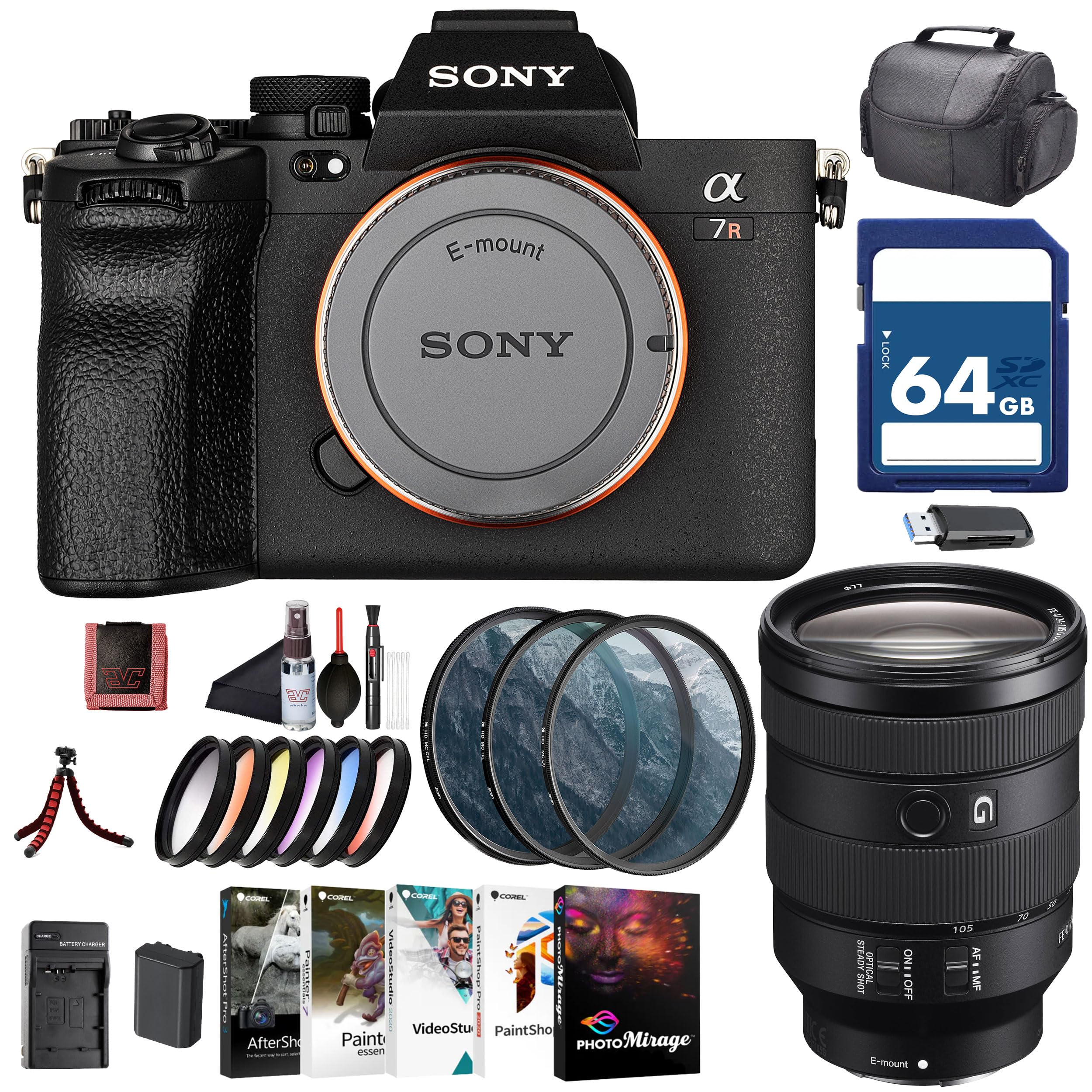 Sony Alpha 7R V Mirrorless Camera Body (ILCE-7RM5/B) – 61MP Full-Frame Sensor | AI Autofocus | FE 24-105mm Lens, 64GB Card, Filter Kit, Photo Software