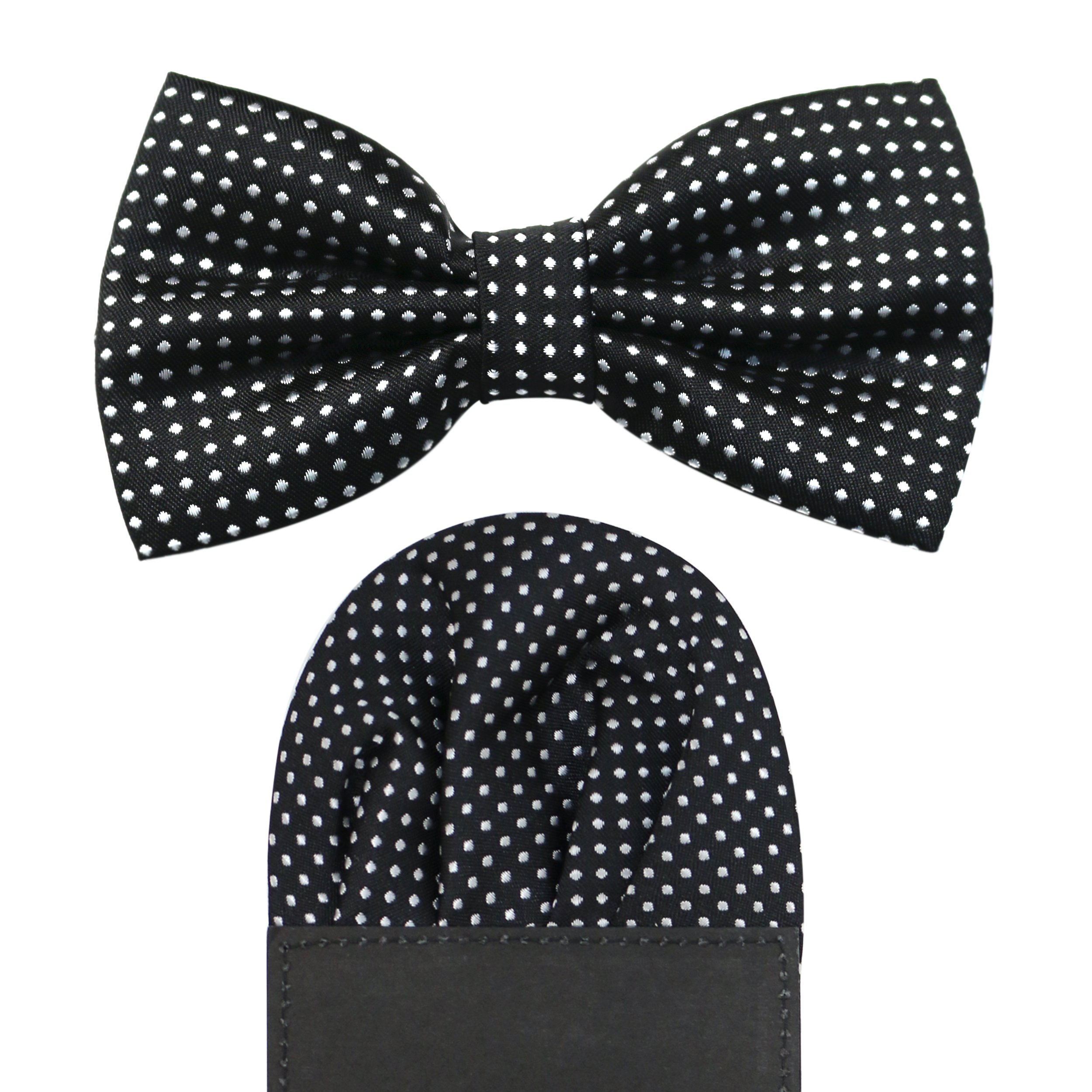 Polka Dot Accessory Set: Pre-tied Adjustable Satin Bow Tie & Matching Pre-folded Pocket Square (2pc) (Black/White)
