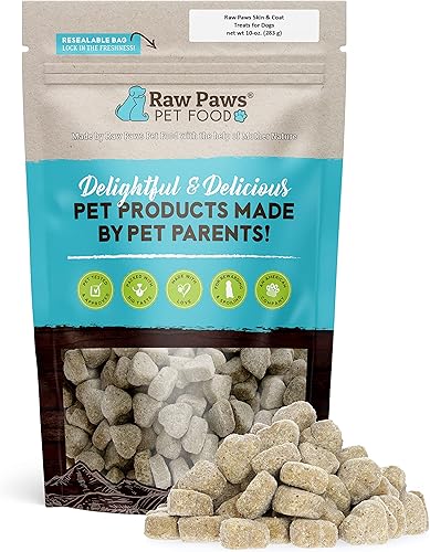 Raw Paws Skin & Coat Treats para perros, 10 onzas (paquete de 100)  Hecho en Estados Unidos  Golosinas de coco y salmón Omega 3  Masticables para