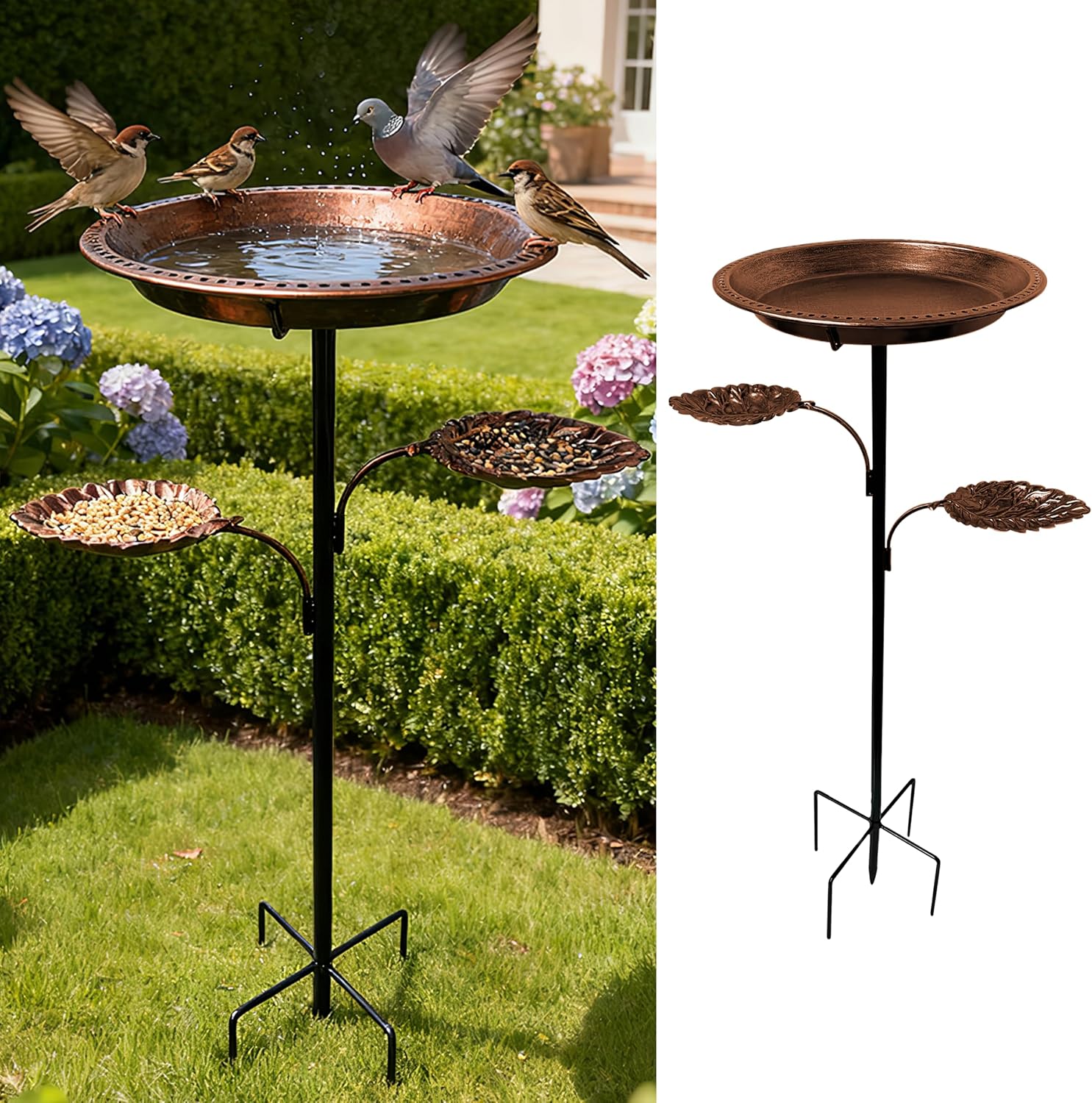 Metal Bird Bath for Outside - 36In Vintage Freestanding Birdbaths and Feeder for Outdoors with Stable Upgraded 5 Pronged Base Detachable Birdfeeder Bowl for Outdoors Garden Patio Yard Lawn Decoration