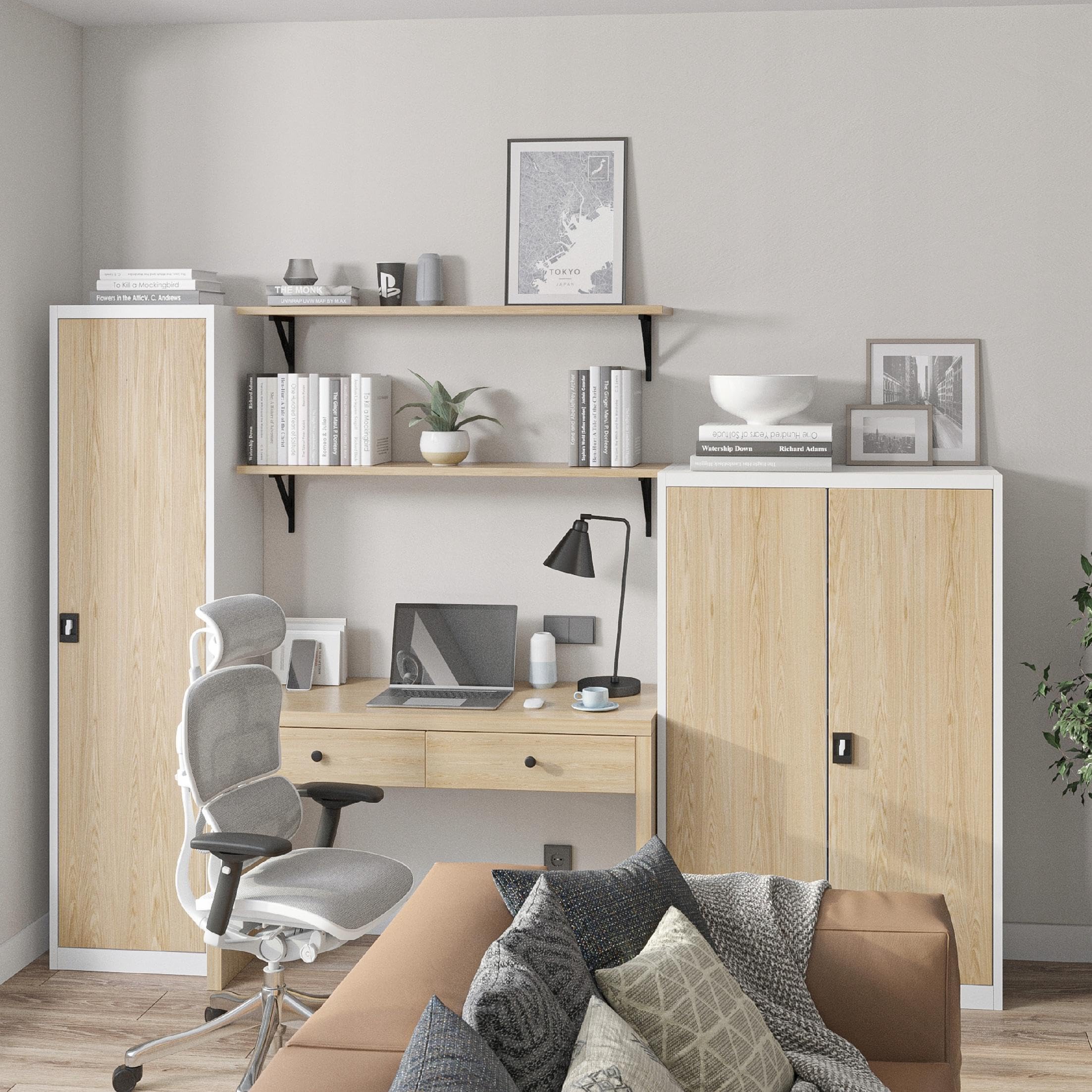 Jan Nowak Armoire de Bureau Métallique C001K 3 Etagères Tôle d'acier Portes Battantes Verrouillable 140 cm x 90 cm x 40 cm (Blanc/Imitation Bois)