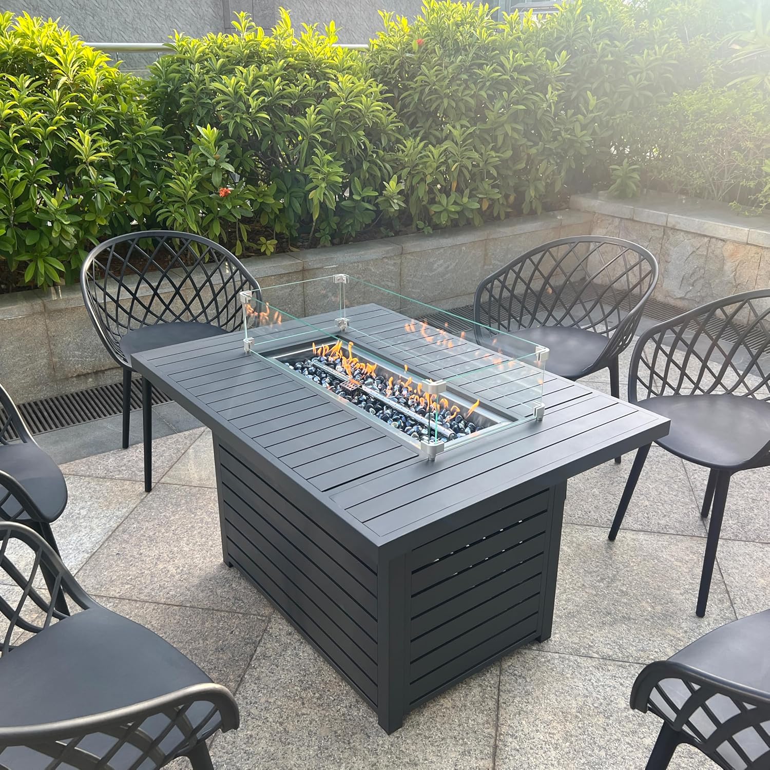 TWT 43.3 inch Outdoor Propane Fire Pit 2 in 1 Table with Lid, Glass Wind Guard Rectangle for Garden/Patio, CSA Certification, Dark Grey