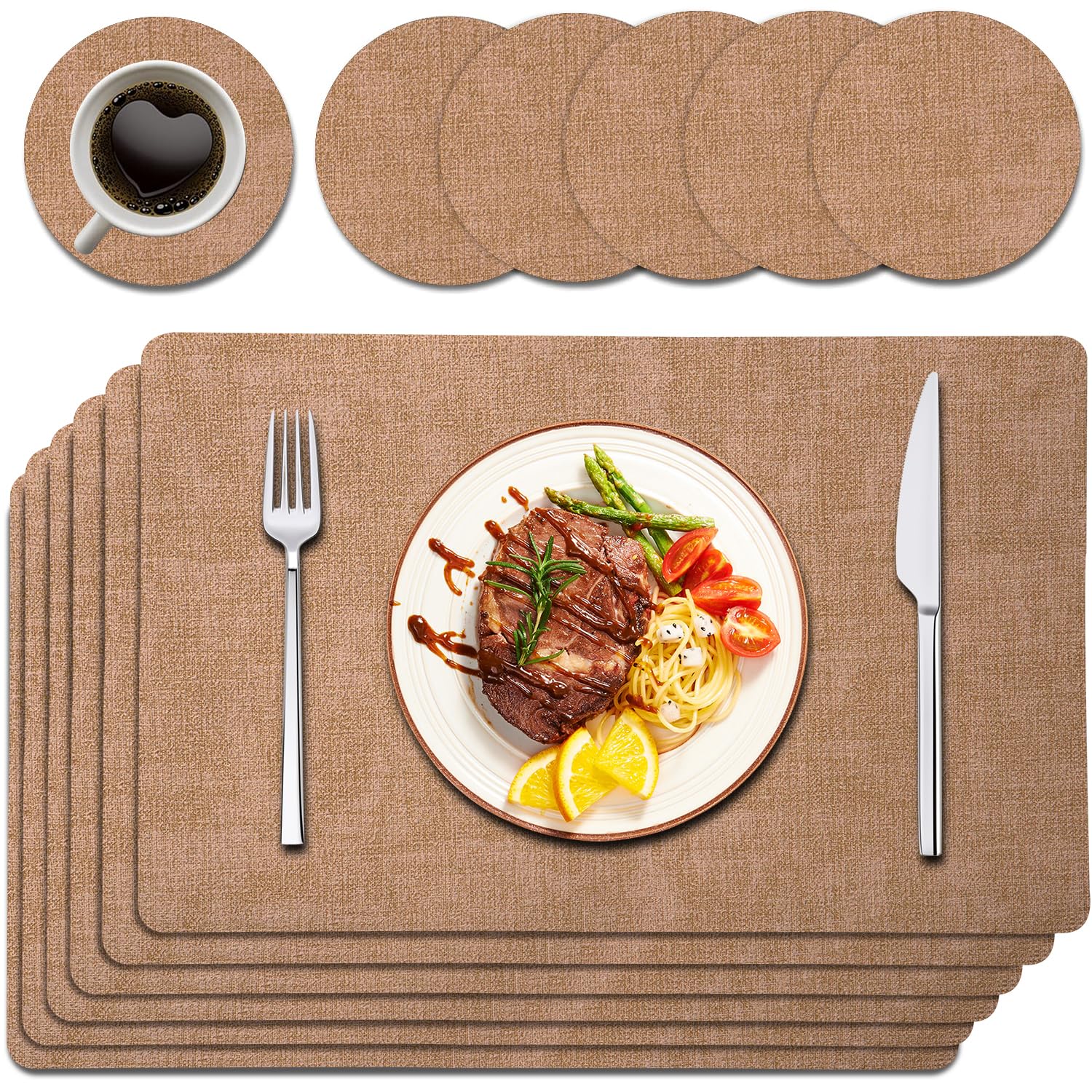 Purejoy placemats table mats place mats table mats and coasters set of 6 wipeable placemats - PU Leather Set, Heat Resistant 120°C, Non-Slip Easy Clean 43×30cm for Dining Table, Mud Brown — image 1