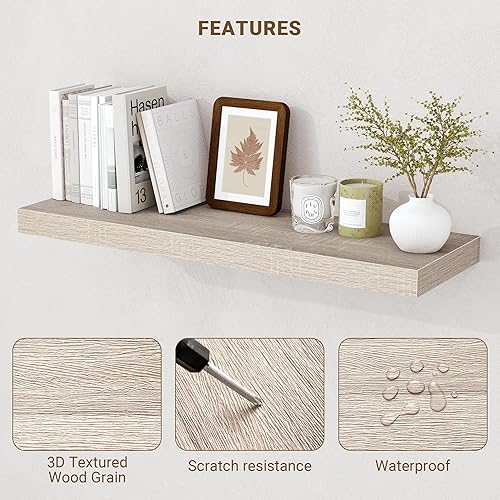 Miniatura 5 de Estantes flotantes de 24 pulgadas, con textura 3D de veta de madera, estantes flotantes de pared de 24"x9.25"x1.5" de profundidad, estantes de Roble