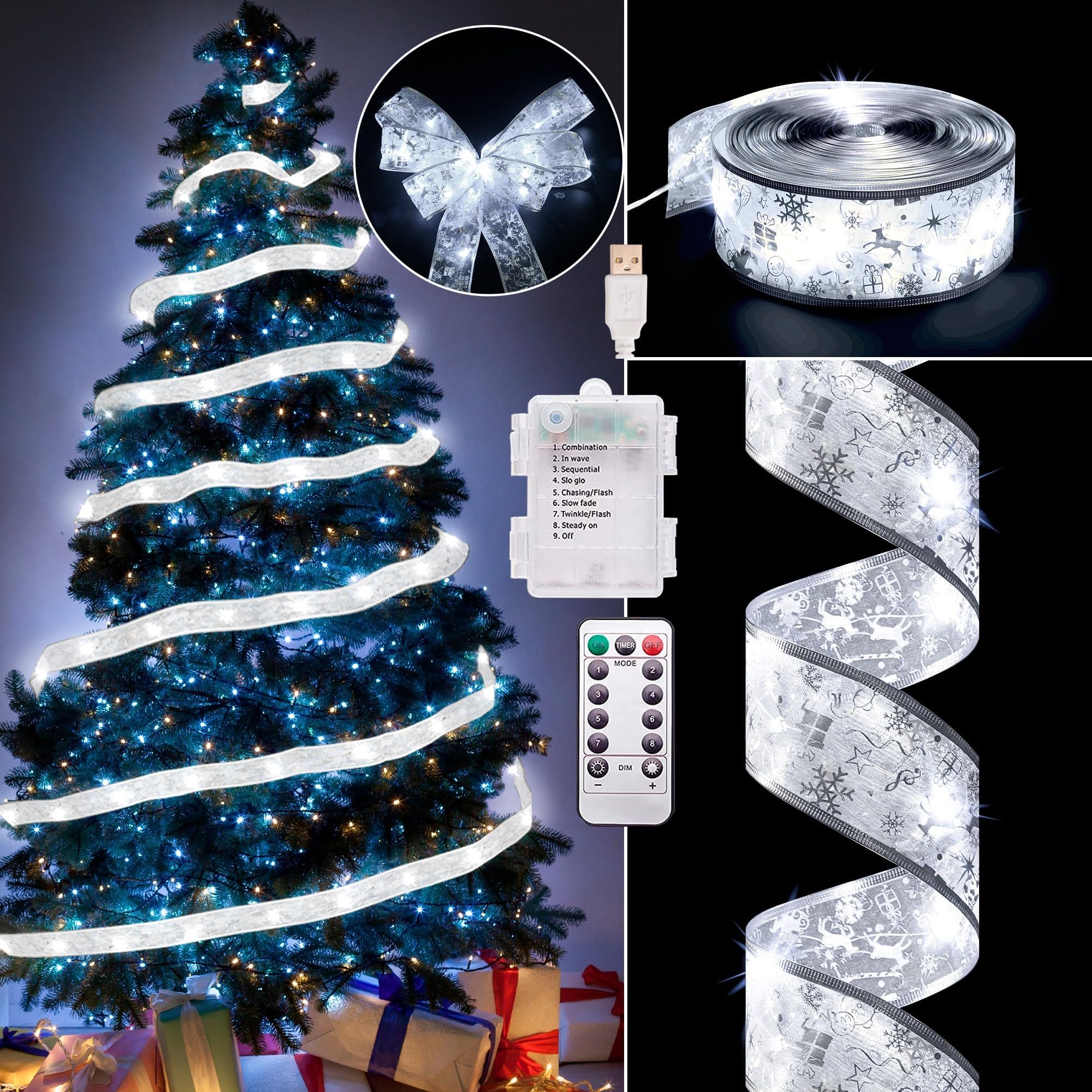 Christmas Decorations - 2.5Inch x 66Ft 200 Led Christmas Tree Ribbon Lights with 8 Lighting Modes, Battery Operated & USB Powered Fairy String Lights with Timer for Xmas Tree Decor