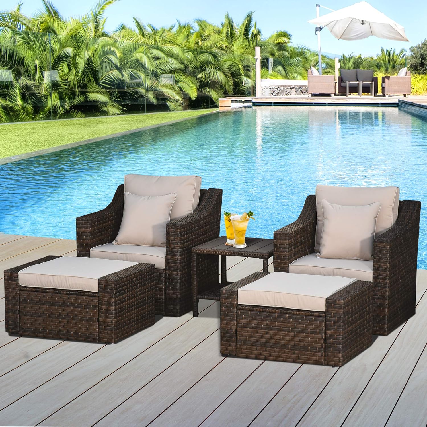 Outsunny 5-Piece PE Rattan Outdoor Patio Armchair Set with 2 Chairs, 2 Ottomans, Coffee Table Conversation Set, & Durable Build, Beige : Patio, Lawn & Garden