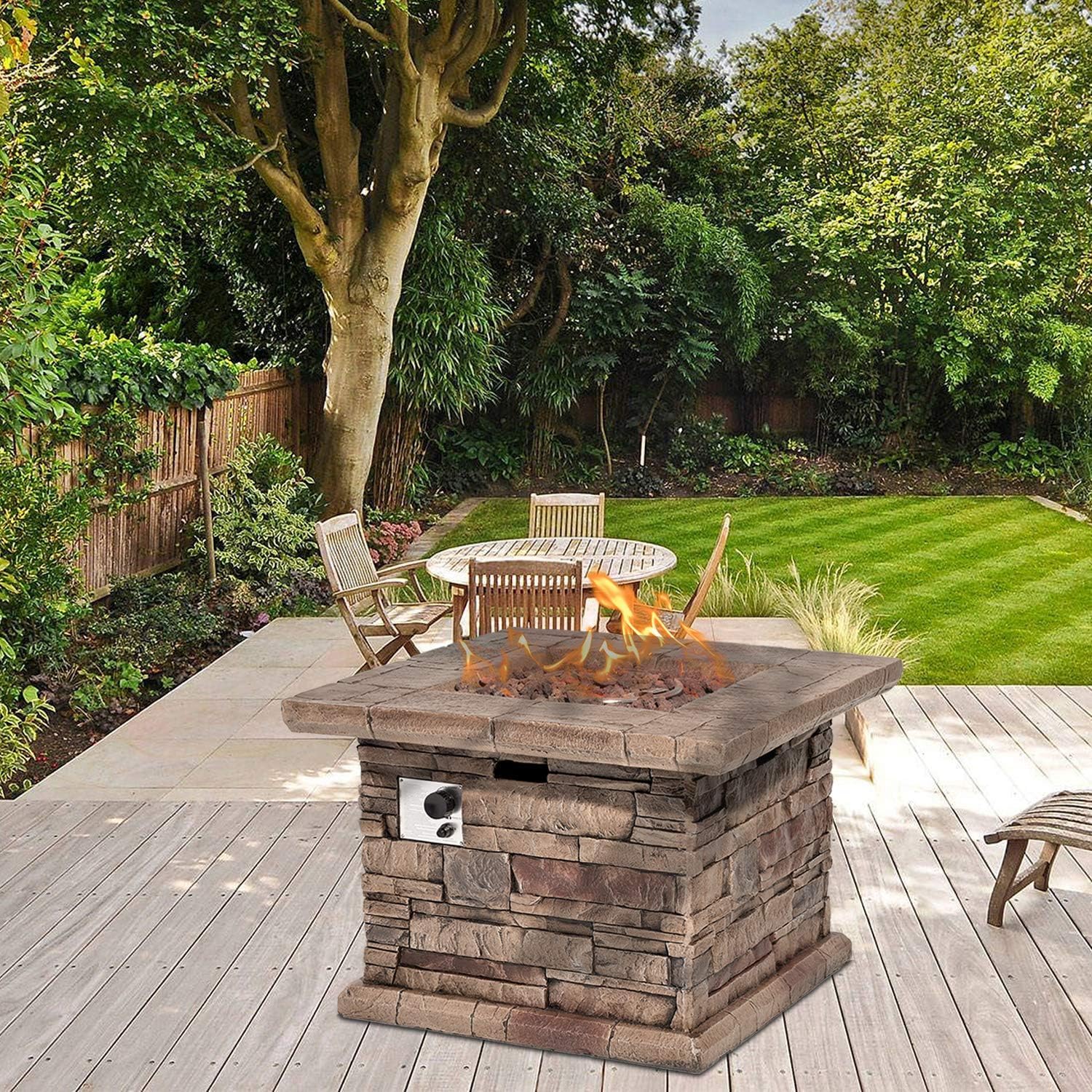 AQUILLA Outdoor Fire Pit w Stone Like, 32 inch Square Fire Table, 50,000 BTU Stainless Steel Burner, Free Lava Rocks, 20 Gal Propane Tank Could Set Inside (exclude) for Backyard, Graden, Poolside