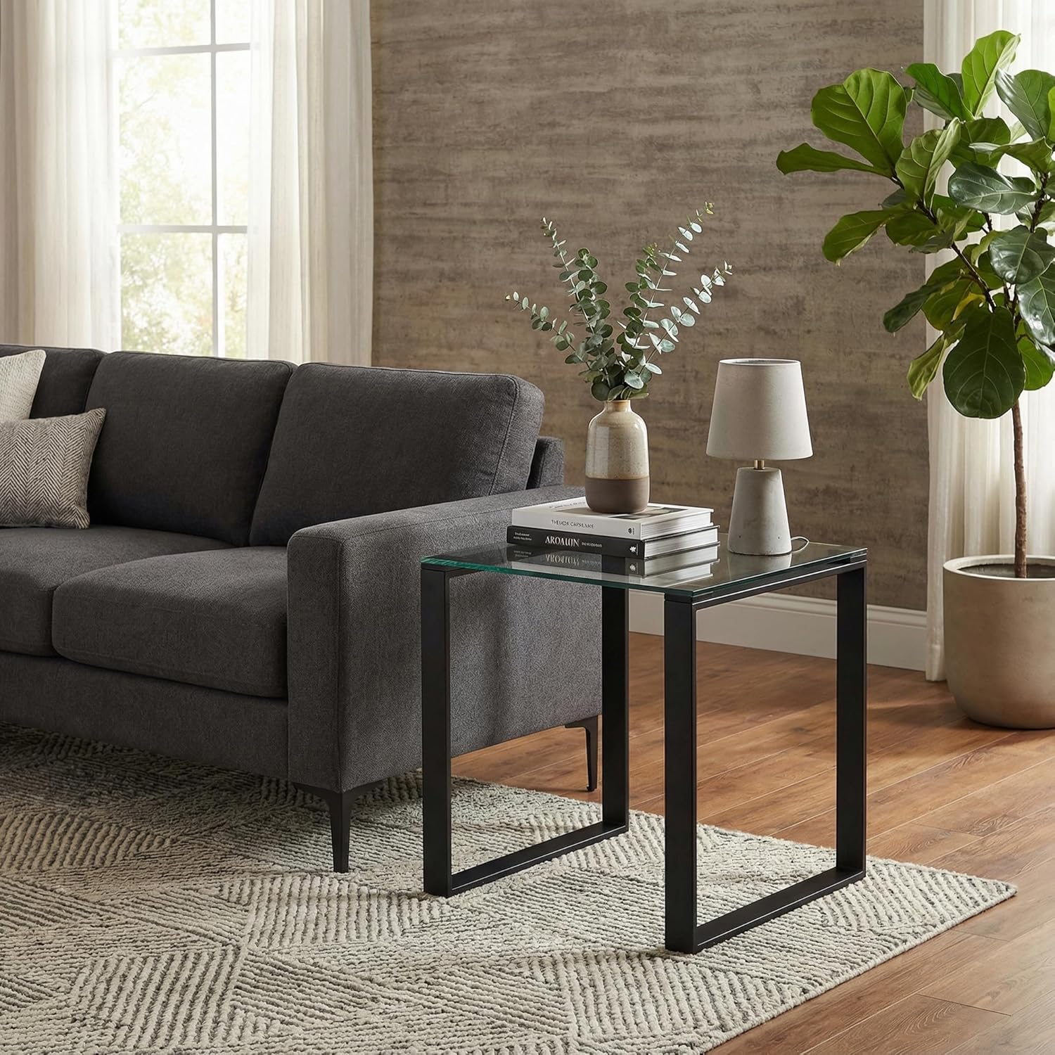 Cortesi Home Gega Contemporary Glass End Table in Matte Black, Clear Glass