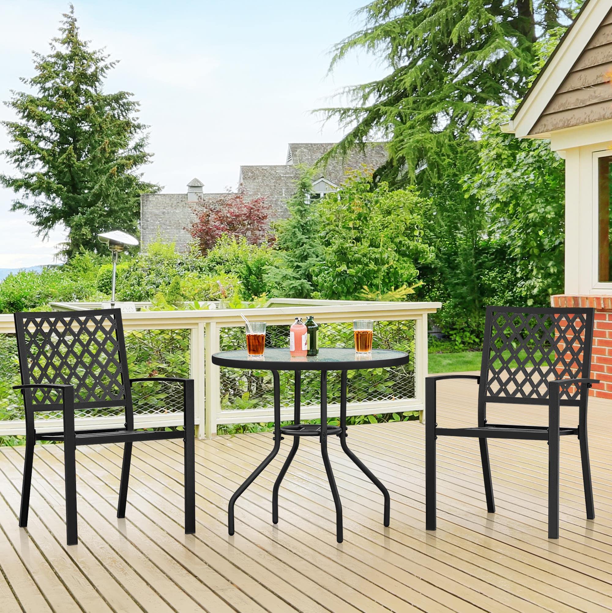 Yaheetech Mesa de Jardín 70cm de Diámetro Redonda de Vidrio Alto 73cm Negro | Vidrio Templado, con Orificio, Marco Duradero, Soporte Estable, Capacidad 45 kg, para Terraza/Jardín/Cafetería/Restaurante