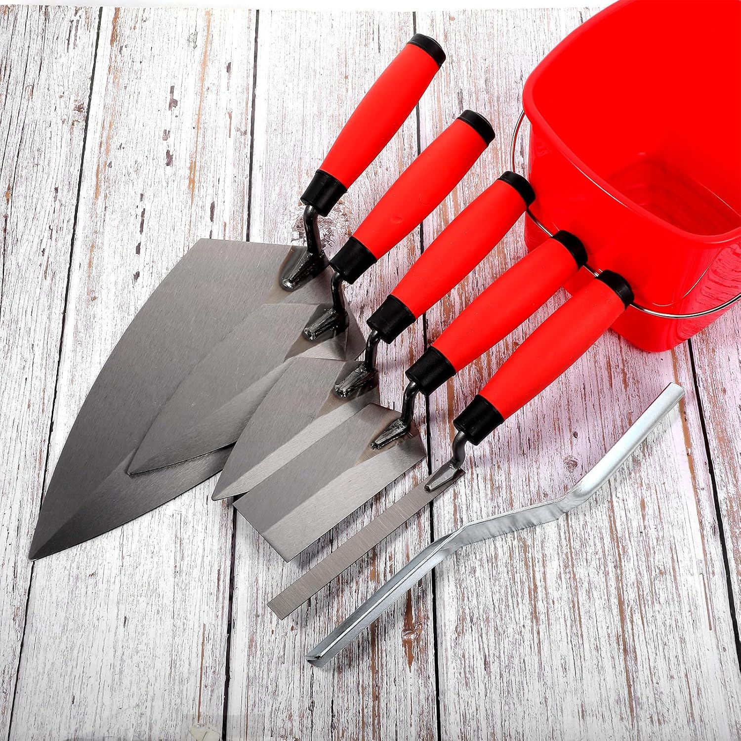 6Pcs Masonry Hand Tool Set, 11" x 5-1/2" Philadelphia Brick Trowel, 5'' x 2'' Pointing Trowel Margin, 1/2" Tuck, 7'' x 3'' Convex Brick Jointer, Soft Grip Handle Concrete Tool