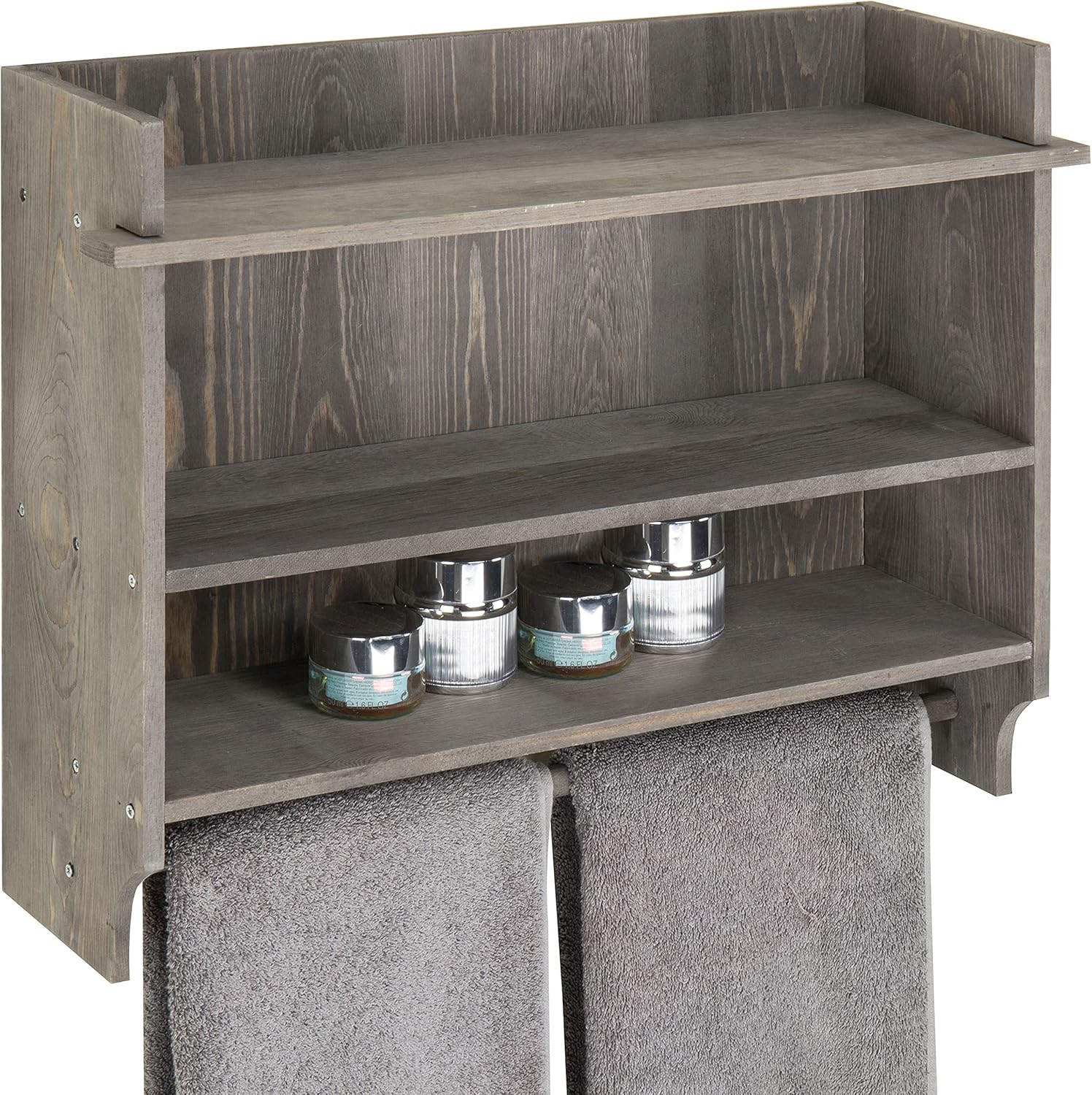 MyGift Wall Mounted Rustic Gray Wood 3 Tier Bathroom Storage Shelf with 23 Inch Hand Towel Bar, Hanging Organizer Rack