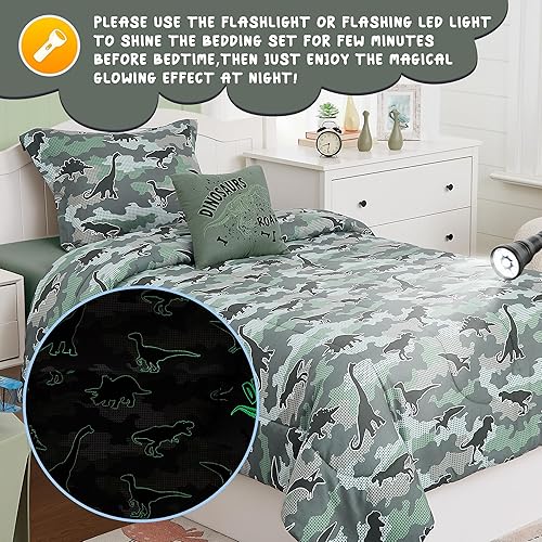 Miniatura 4 de juego de edredón tamaño individual para niños - 3 piezas con luz en la oscuridad, juego de cama dinosaurio individual XL con 1 edredón, 1 almohada