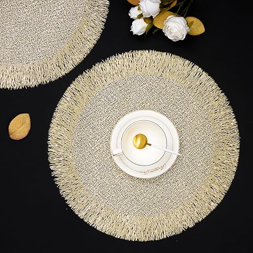 Miniatura 7 de Evevda Juego de 6 manteles individuales dorados redondos con huecos para mesa de vinilo prensado metálico, manteles individuales impermeables a