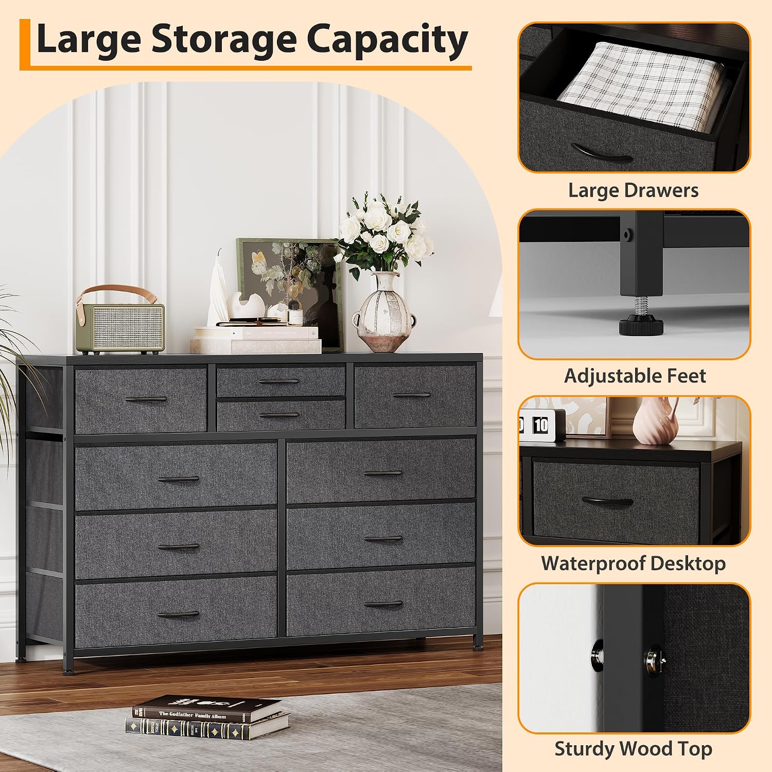 10-Drawer Fabric Dresser & TV Stand | Wide Storage Tower with Wooden Top and Metal Frame | Perfect Organizer for Bedroom, Living Room, Hallway, and Entryway, Black