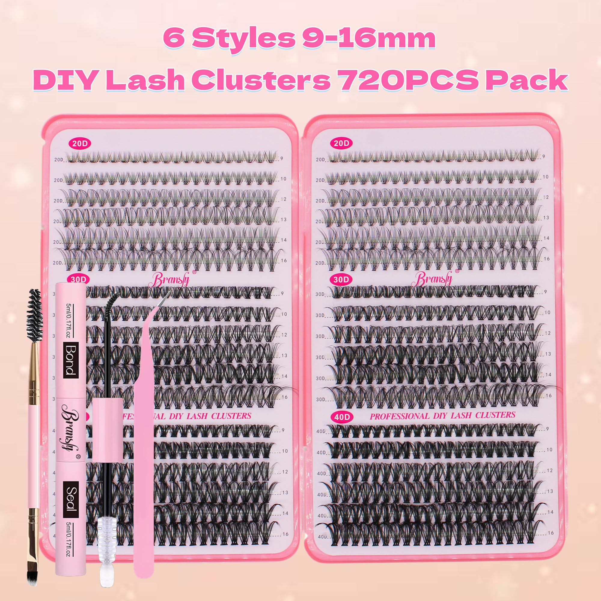 Bransfy 3 Styles 720pcs Lash Clusters Kit DIY Lash Extension Kit D Curl Eyelash Extensions 9-16MM Cluster Lashes with Waterproof Lash Bond and Seal Tweezers (20D+30D+40D,Kit) - Image 2