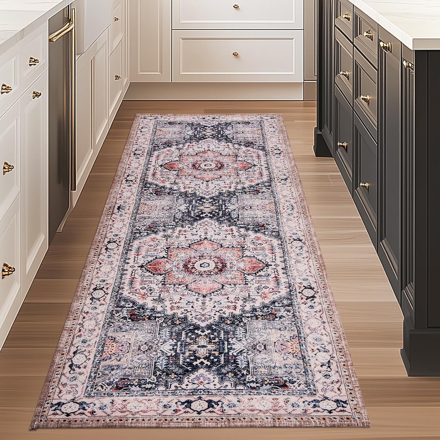 PURRUGS Vintage Farmhouse Boho Runner Rug 2x6 ft, Non-Slip Machine Washable Rug, Accent Oriental Area Rug for Kitchen, Hallway, Entryway, Bedroom, Living Room and Dining Room, Coral Red/Marine Blue 2' x 6' Coral Red/Marine Blue