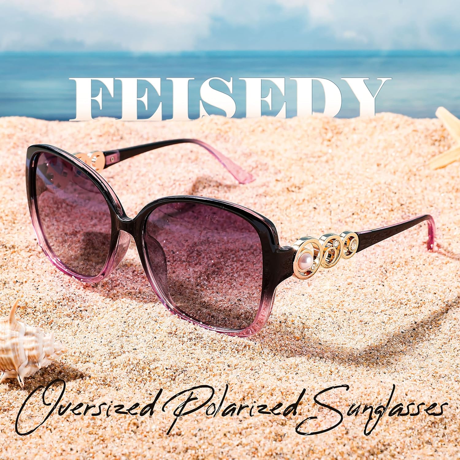 FEISEDY Women's Fashion Sunglasses, Oversized Square Frame with Pearl Sparkling, Polarized UV Protection B2821 - Image 7