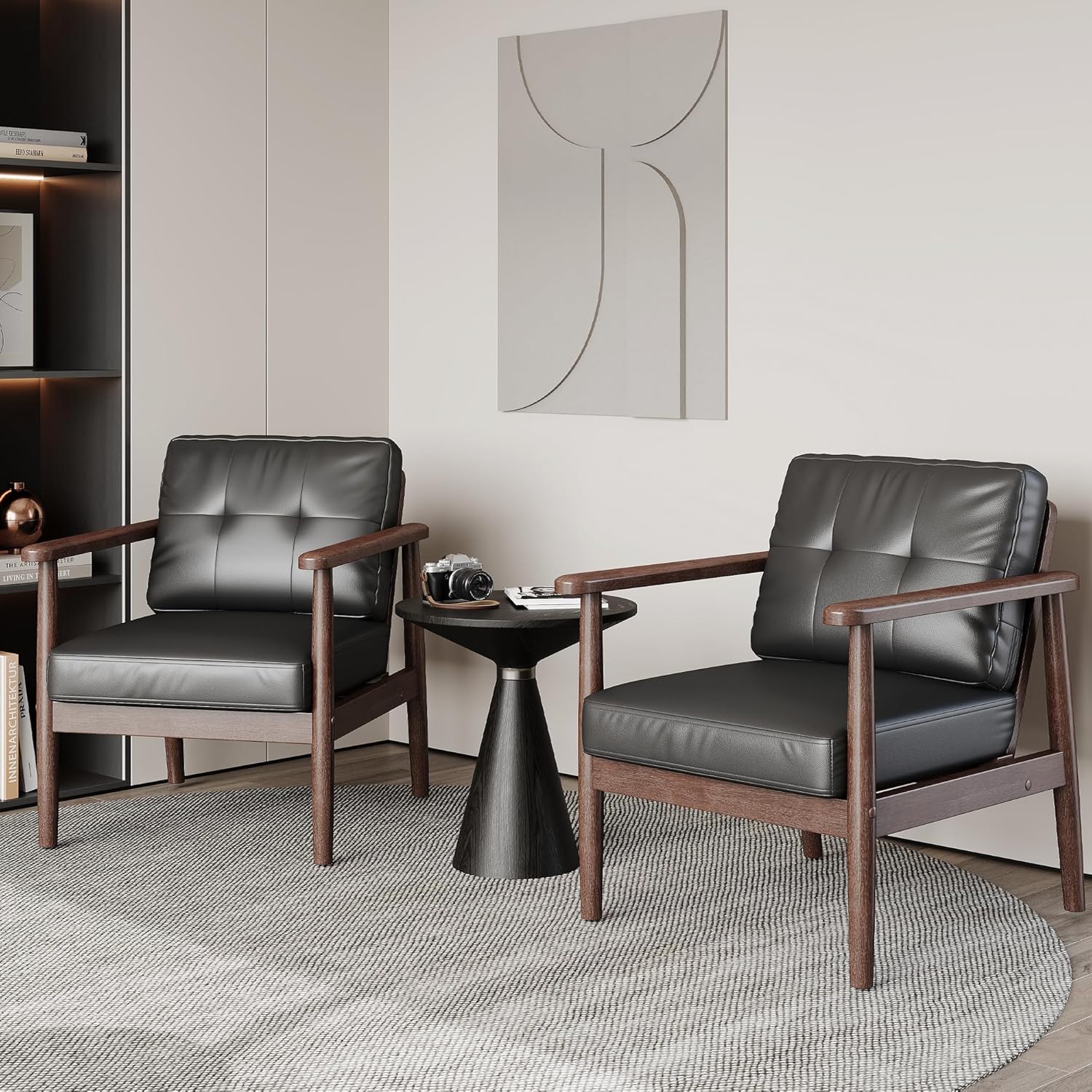STHOUYN Mid Century Modern Chair, PU Leather Accent Chair Set of 2 with Wood Arms, Living Room Chairs, Reading Armchair for Bedroom, Waiting Room, Office