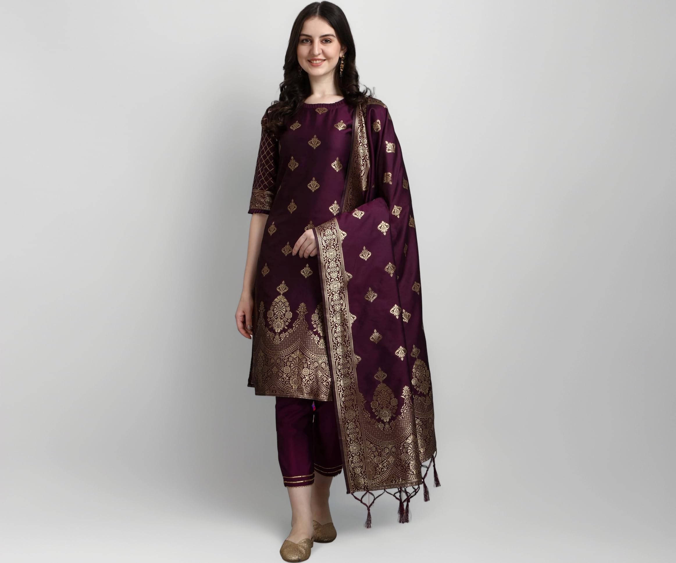 Women's Cotton Silk Jacquard Kurta Pant with Dupatta Set