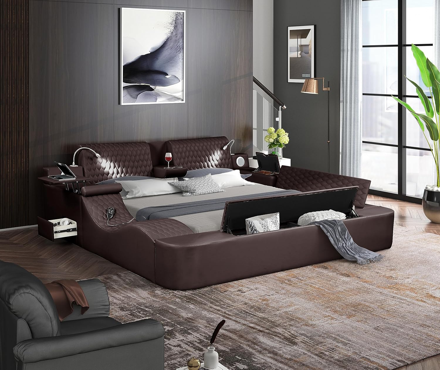 Amazon.com: WAQINBR King Size Smart Bed, Multifunctional Leather Bed Frame with Massage Recliner ...