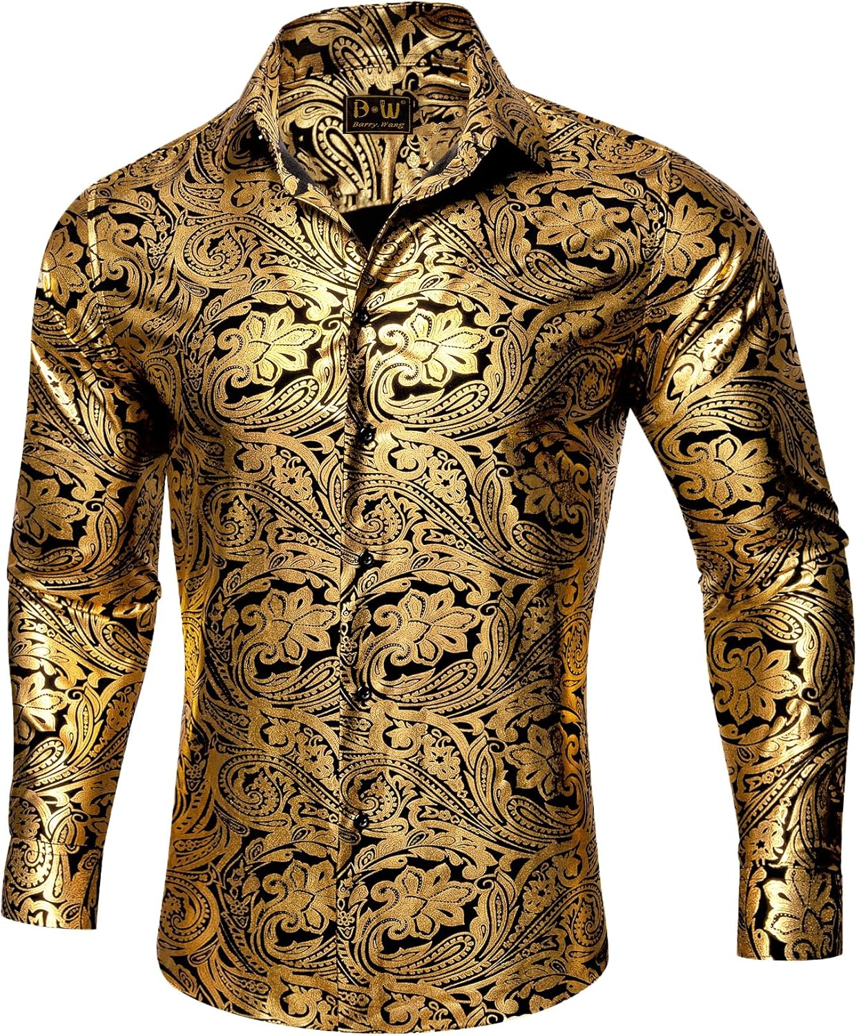 Barry.Wang Men's Disco Dress Shirt Long Sleeve Nightclub Mexico Paisley Floral Shirts Metallic Gothic Shiny Button Down Shirt