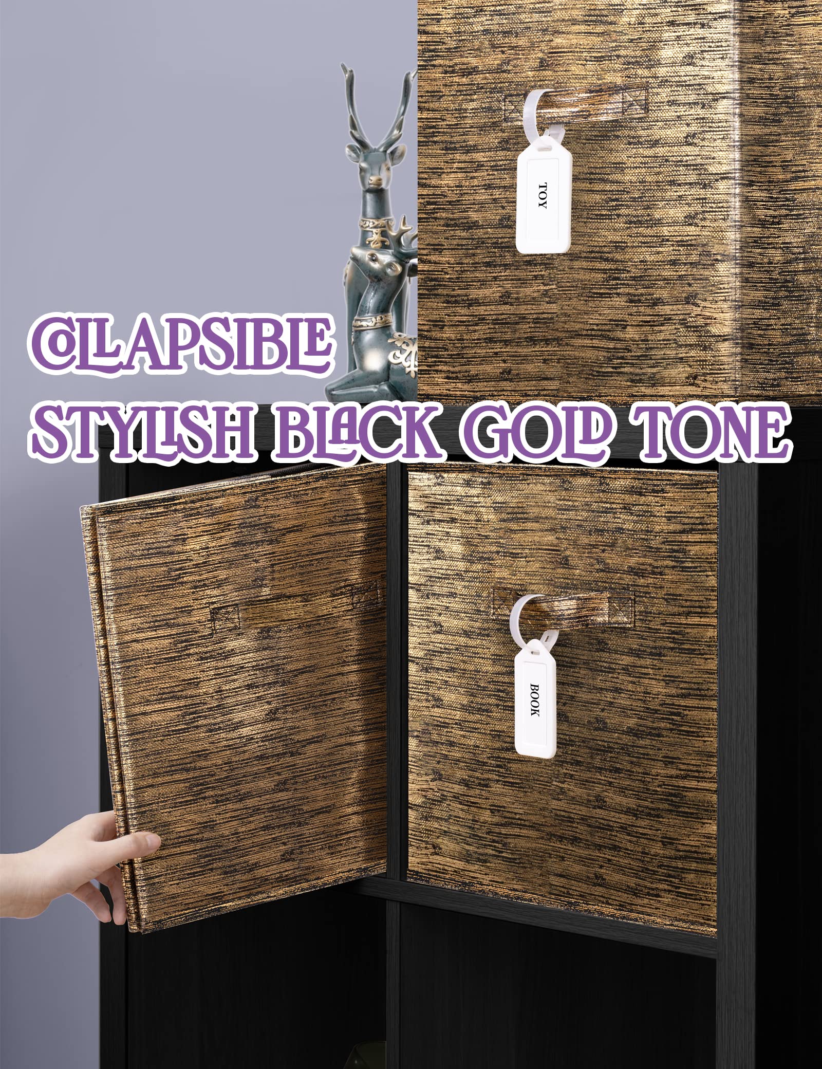 DAMAHOME Collapsible Storage Cube Bins - Fabric Cubby Organizer,Black Gold Decorative Shelf Basket Dual Handles,13 Inch Metallic Box For Nursery/Home Office/Closet/Kids Room/4-Pack(BlackGold)