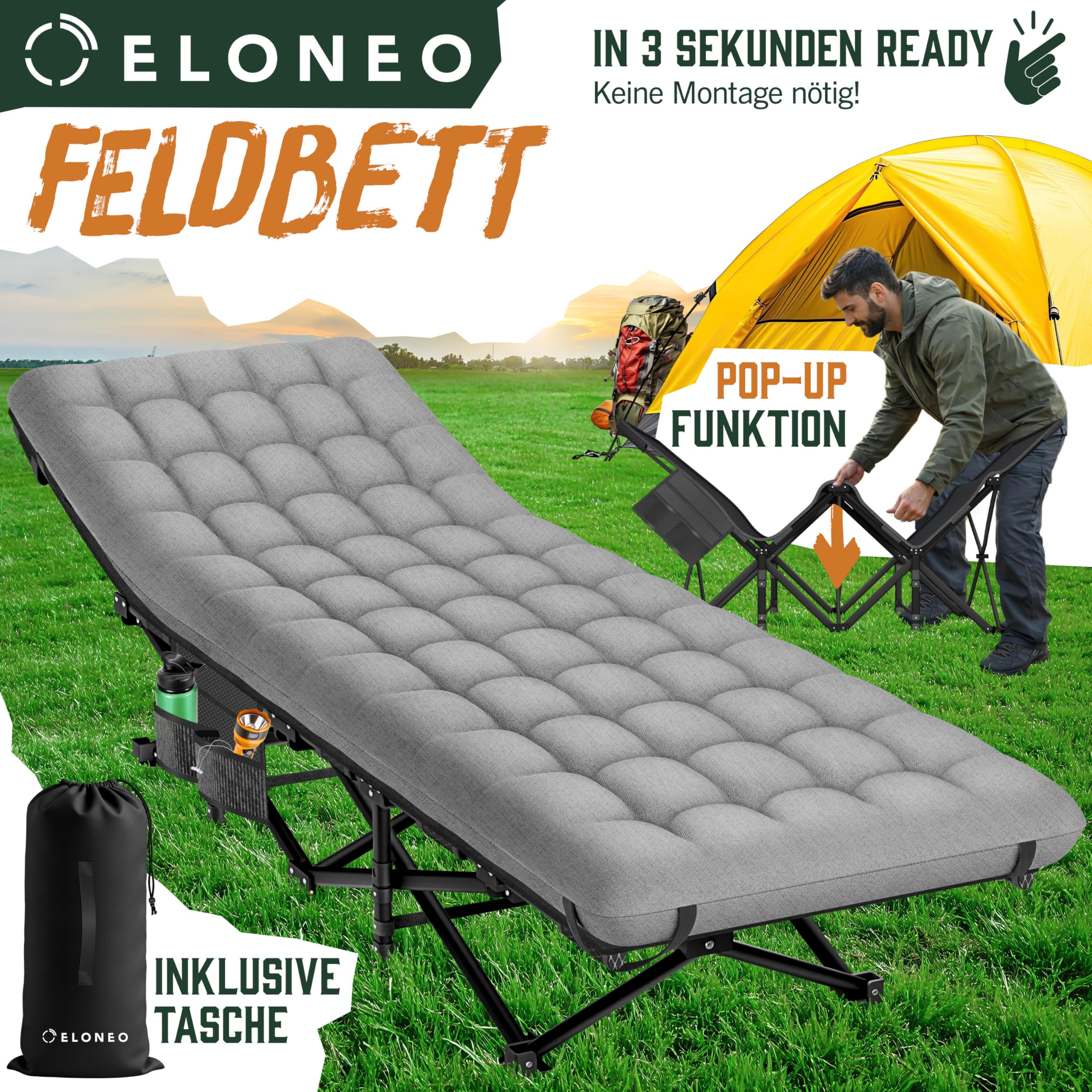 ELONEO NEU Feldbett klappbar mit Premium Auflage | Campingbett bis 200kg belastbar | Campingliege mit Seiten- & Tragetasche | Gästebett klappbar | Klappliege Indoor und Outdoor | Reisebett Erwachsene