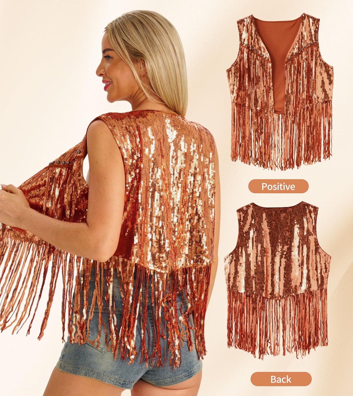 Women's sequin Fringe Vest 70s Hippie Costume Tassel Sleeveless Cowgirl Western Costume Jacket Outerwear - Image 3