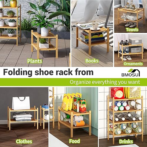 Miniatura 3 de BMOSU Zapatero pequeño de bambú de 2 niveles apilable de alta calidad, organizador de almacenamiento para pasillo, armario, sala de estar,