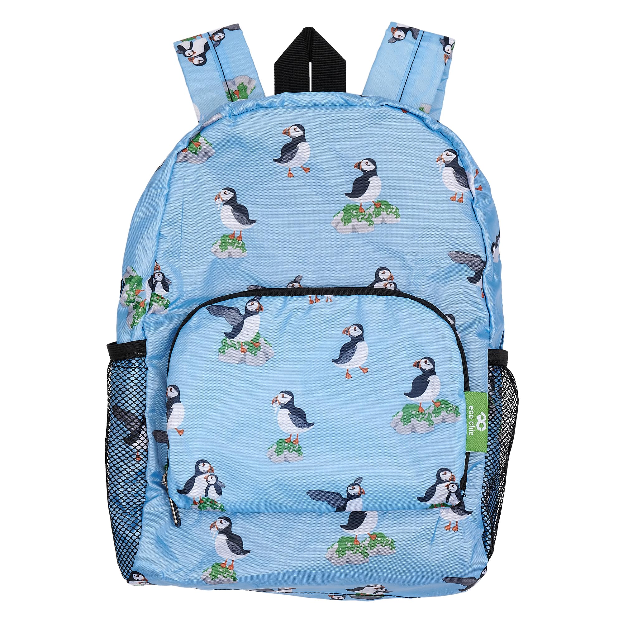 ECO CHIC Lightweight Foldable Water Resistant Mini Backpack Folds Into Pouch for Storage (Multi Puffin Blue)