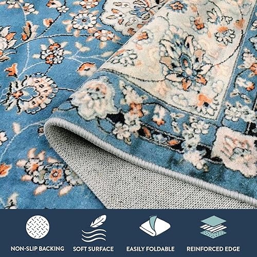 Miniatura 8 de Lahome Alfombra oriental con medallón floral  Alfombra grande de 5 x 7 pies, color azul, envejecida, antideslizante, lavable a máquina, alfombra de
