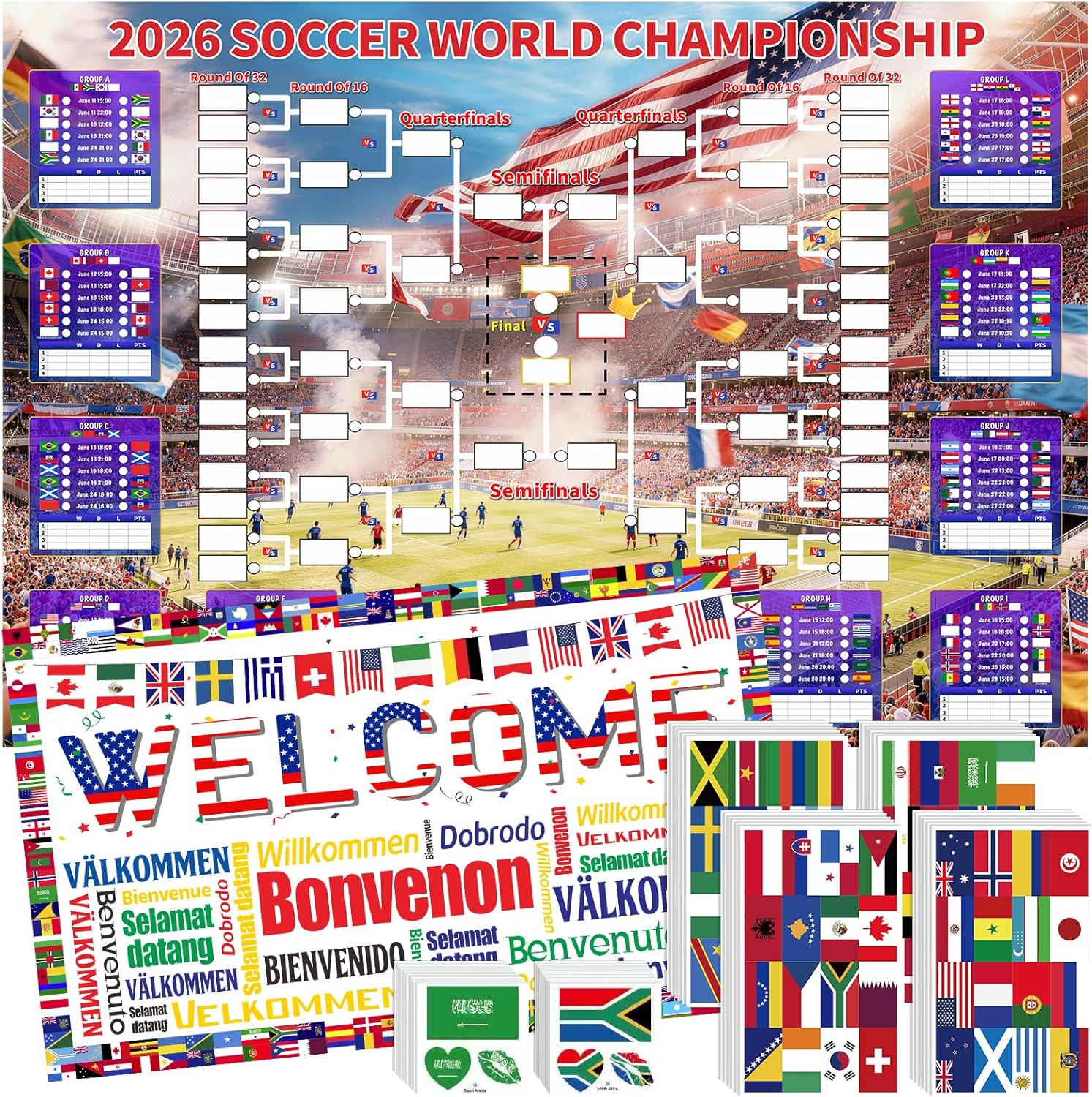 YTEFB World Cup 2026 Schedule Poster 63"x44" Extra Large Soccer Poster Wall Chart, Polyester Wrinkle-Resistant Match Tracker, Set Includes World Cup Flag Banner + 384 Flag Stickers + 32 Water Tattoos