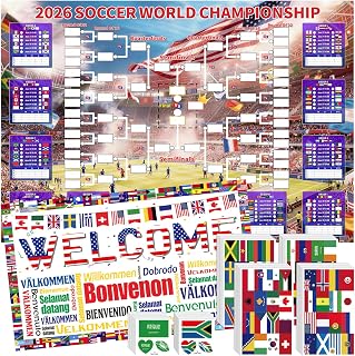 2026 World Soccer Cup Schedule Poster 4-Piece Set, 63 x 44 Inch Extra Large Premium Polyester Match Tracker, Waterproof Wrinkle-Resistant Chart with Flag Banner, 384 Flag Stickers & 96 Water Tattoos