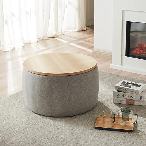 Miniatura 8 de Kakotito Moderna otomana redonda de almacenamiento con tapa de madera, mesa de centro otomana circular hecha a mano, mesa auxiliar y reposapiés para