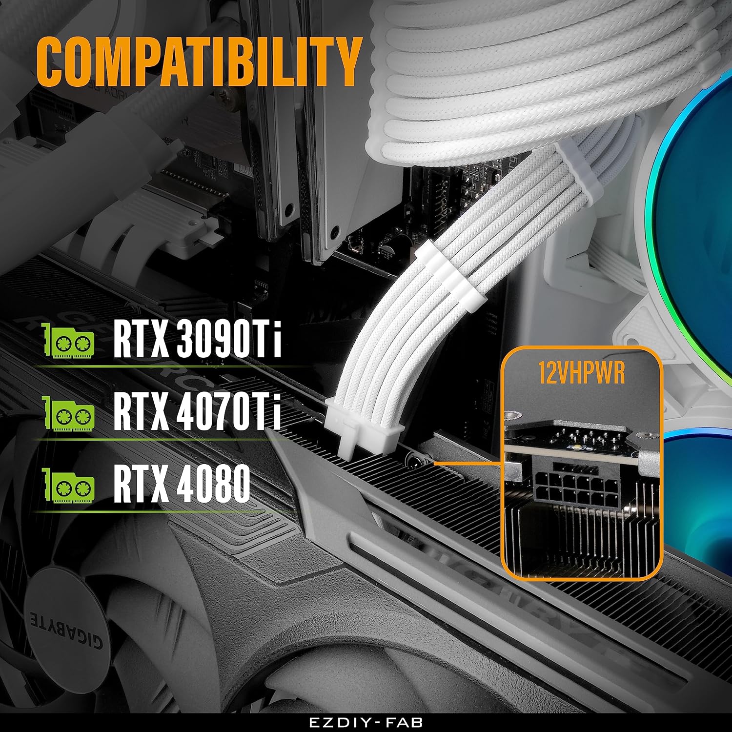 EZDIY-FAB GPU Power Sleeved Cable Extension, 16pin(12+4) 12VHPWR PCIe 5.0 Connector Male to 3X PCIE 8 PIN for RTX4070ti/ 4080/ 3090Ti, with Pre-Installed Cable Combs-16AWG/Pure White