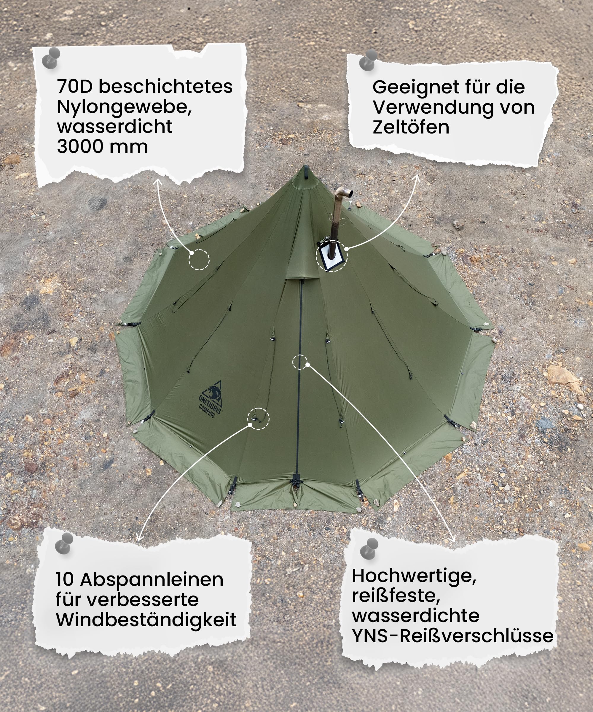 OneTigris Rock Fortress Tipi Tienda de campaña para 4-6 personas, tienda piramidal con barra para tienda de campaña para 4 años, 3000 mm de columna de agua para exteriores, camping, senderismo