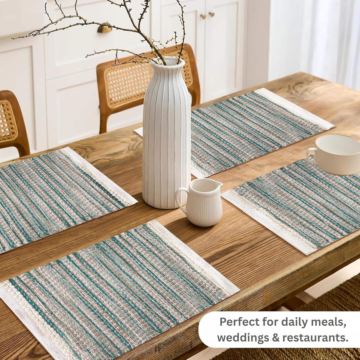Hausattire Woven Table Placemats Set of 4 - Teal, Jute Boho Outdoor Table Mats for Kitchen Dining Decoration | Heat Resistant Farmhouse Rustic Dinner Spring Easter Placemat - 13x19 Inch