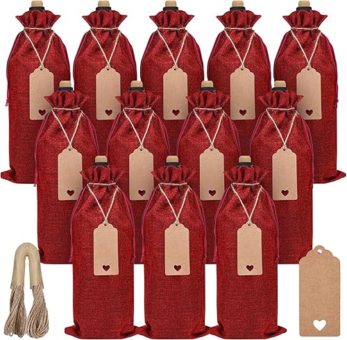 Sailup Burlap Wine Bags 12 Pcs Wine Bottle Gift Bags With Drawstrings Tags & Ropes for Christmas, Weddings, Holiday Party, Birthdays, Travel, Blind