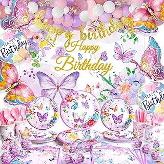 Pink and Purple Butterfly Party Decorations - Pink Purple Balloon Arch Kit, Butterfly Happy Birthday Backdrop Banner, Tablecloth, Butterfly Party Plates Tableware Supplies for Girls Women, Serves 20