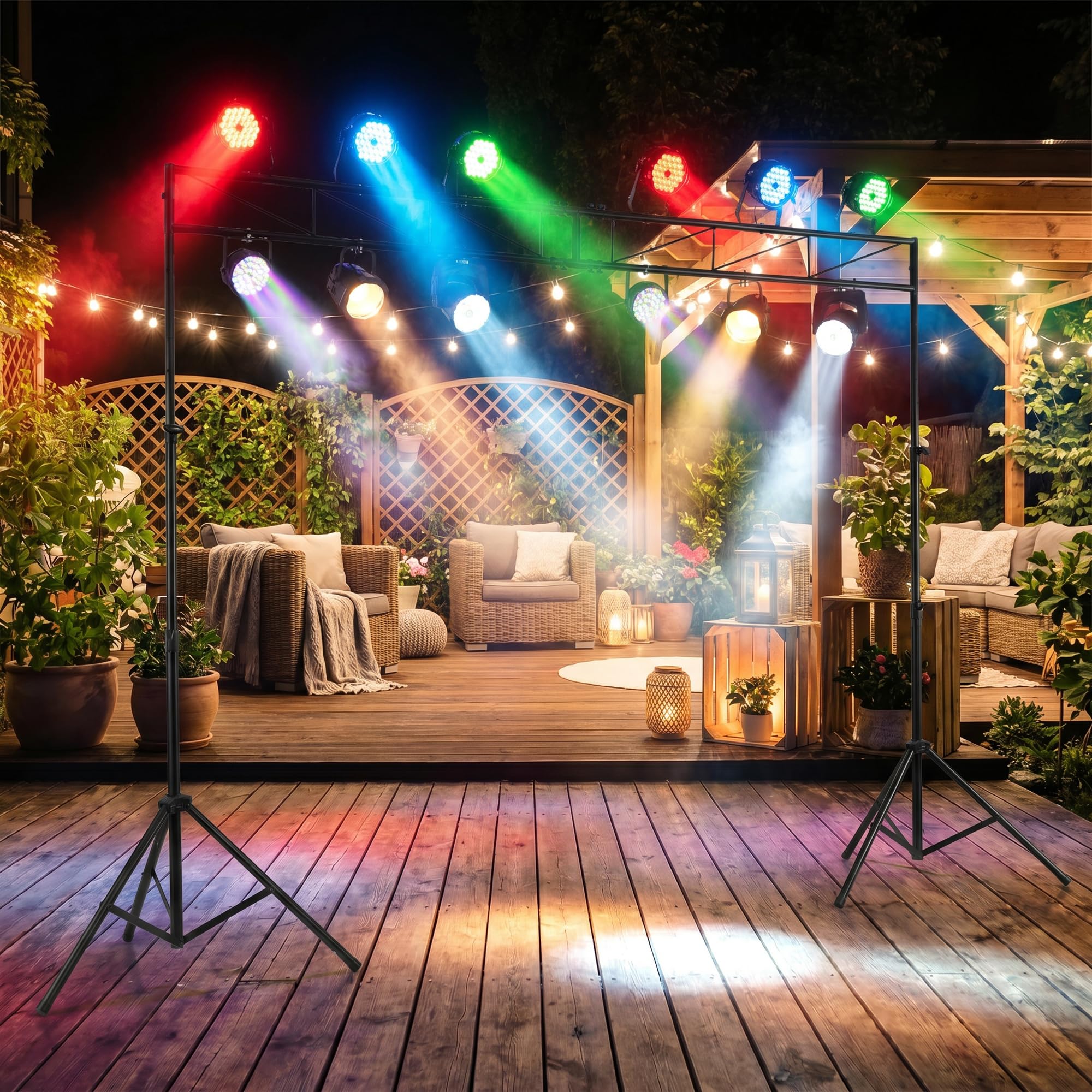 GYMAX Soporte de Focos de Metal Portátil, Soporte de Luz con Altura Ajustable 140-265 cm, 2 Trípodes Plegables y 12 Puntos de Montaje, Sistema de Iluminación Profesional para DJ Bandas Espectáculos