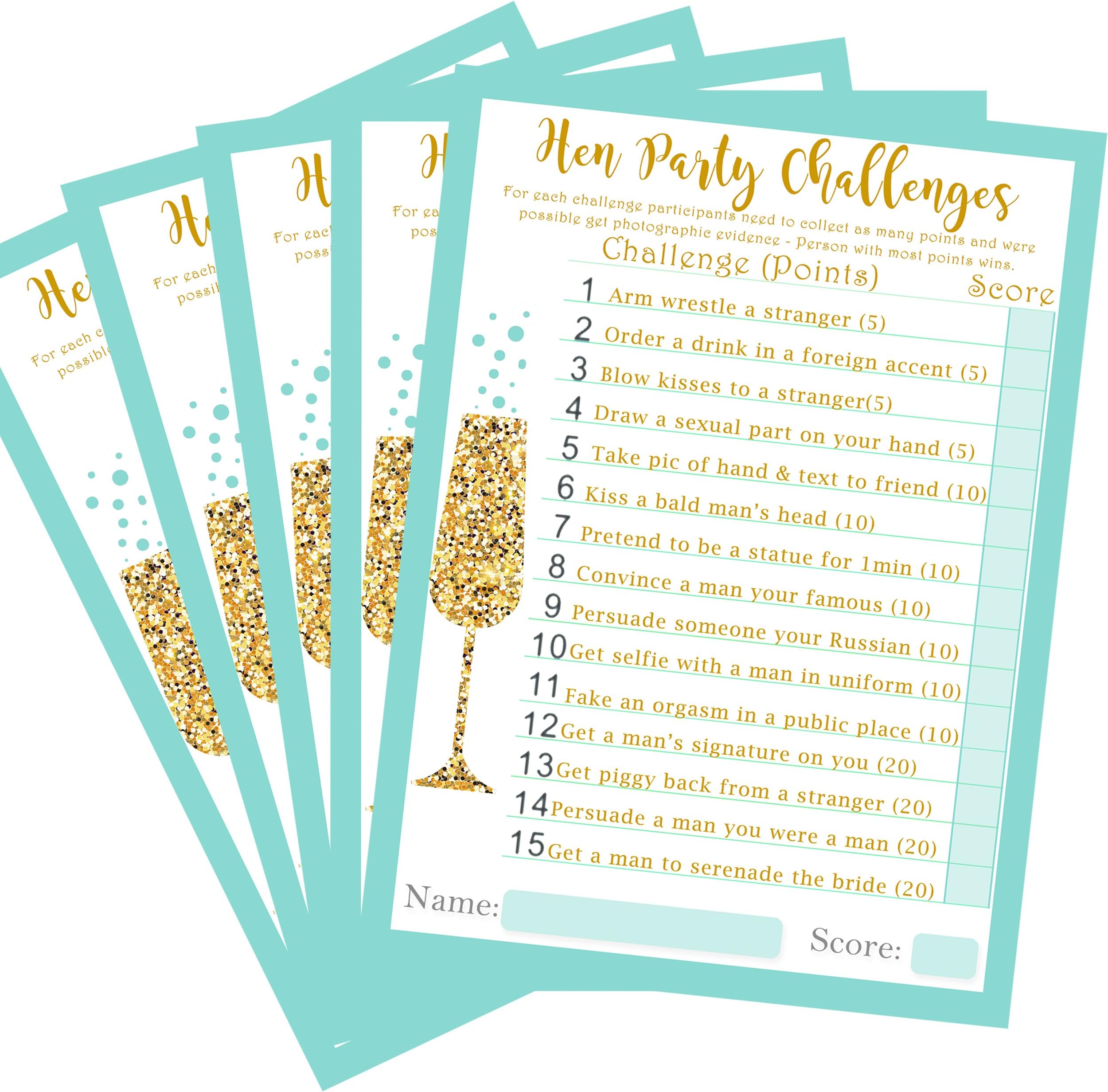 Hen Party Challenges Game - 'Egg Shell Blue' 20 x A5 Sheets - Perfect Hen Party Game if you are looking for a fun game to play dares on a night out on a hen do or bridal shower with the bride to be.