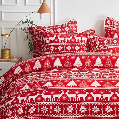 Miniatura 9 de Joyreap Juego de funda de edredón de 3 piezas, diseño de copo de nieve rojo y blanco, microfibra suave y transpirable para todas las estaciones, 1