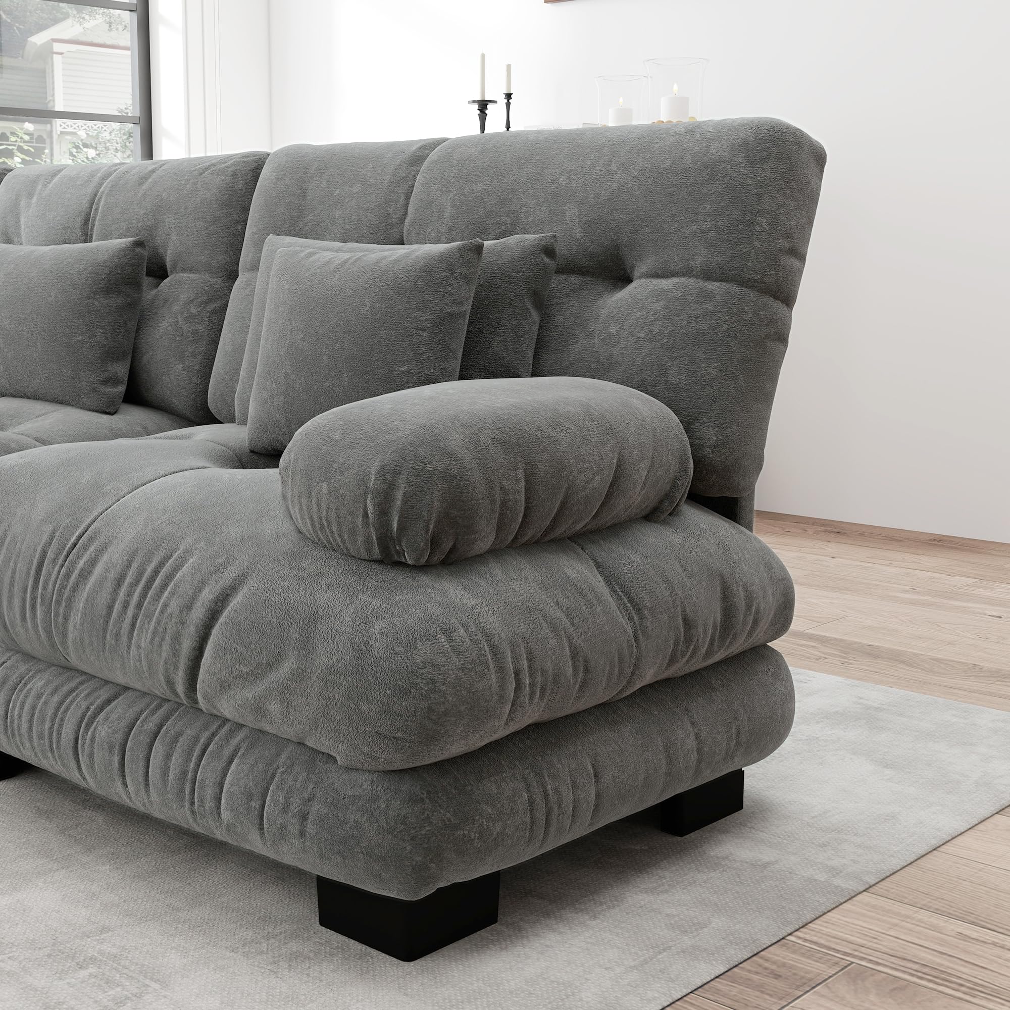 Cloud Divano ad angolo per soggiorno, in ciniglia, doppio divano con 2 cuscini lombari e 2 cuscini decorativi, divano imbottito con braccioli larghi e pouf (grigio+2 posti)