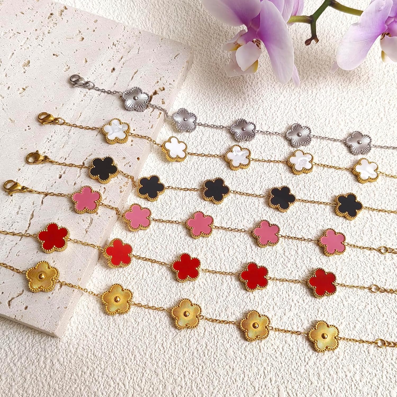 2Pcs Stackable Bracelet Set for Women Cubic Zirconia Tennis Bracelet Adjustable 18K Gold Plated Flower Bracelet Set Trendy Gifts for Women - Image 5