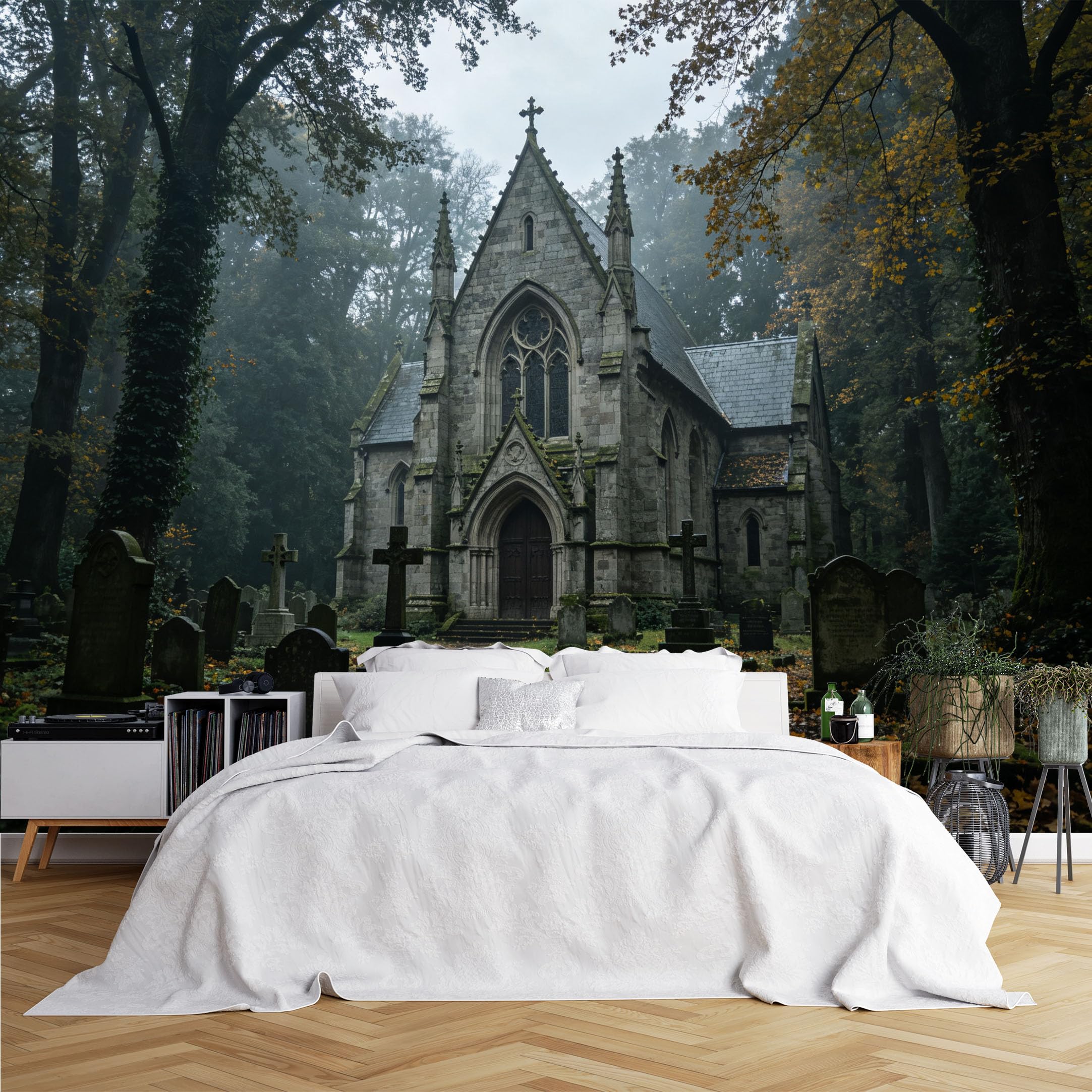 Lcythiazole Ch260615075 Custom Size Wall Murals Foggy Autumn Church Graveyard Scene Wall Murals Large Photo Wallpaper Self-Adhesive Removable Wallpaper For Gothic Decor Room
