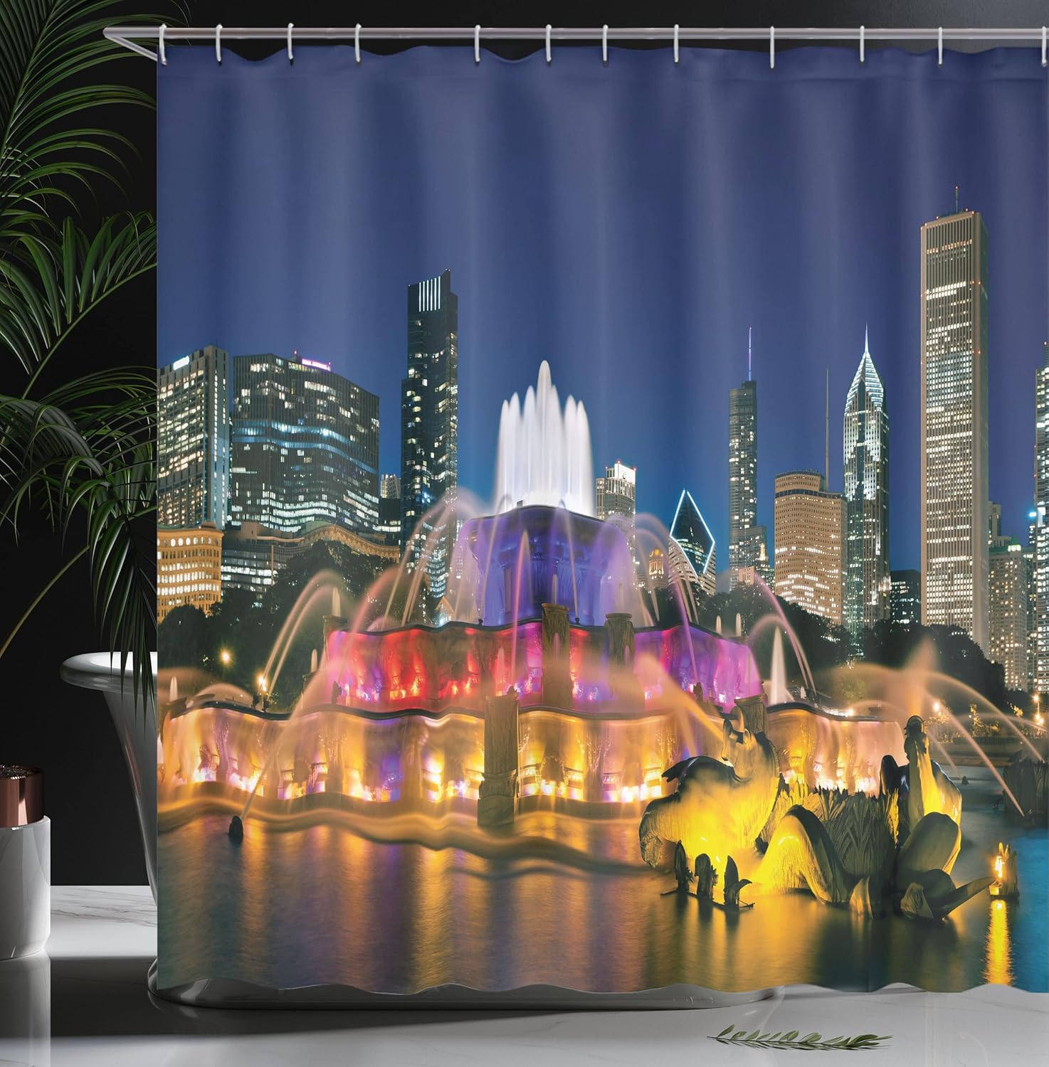 Ambesonne Chicago Skyline Shower Curtain, Landmark Fountain in The Center of Grant Park Night View City Scene, Cloth Fabric Bathroom Decor Set with Hooks, 69" W x 75" L, Dark Blue Ginger