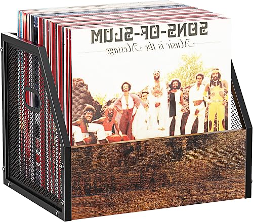 DOLALIKE Vinyl Record Storage, Vintage Wood Album Record Holder with Dividers Storage 100+ Records, Vinyl Record Box Case Crate for Book, Magazine, Organizer (Trapezium)