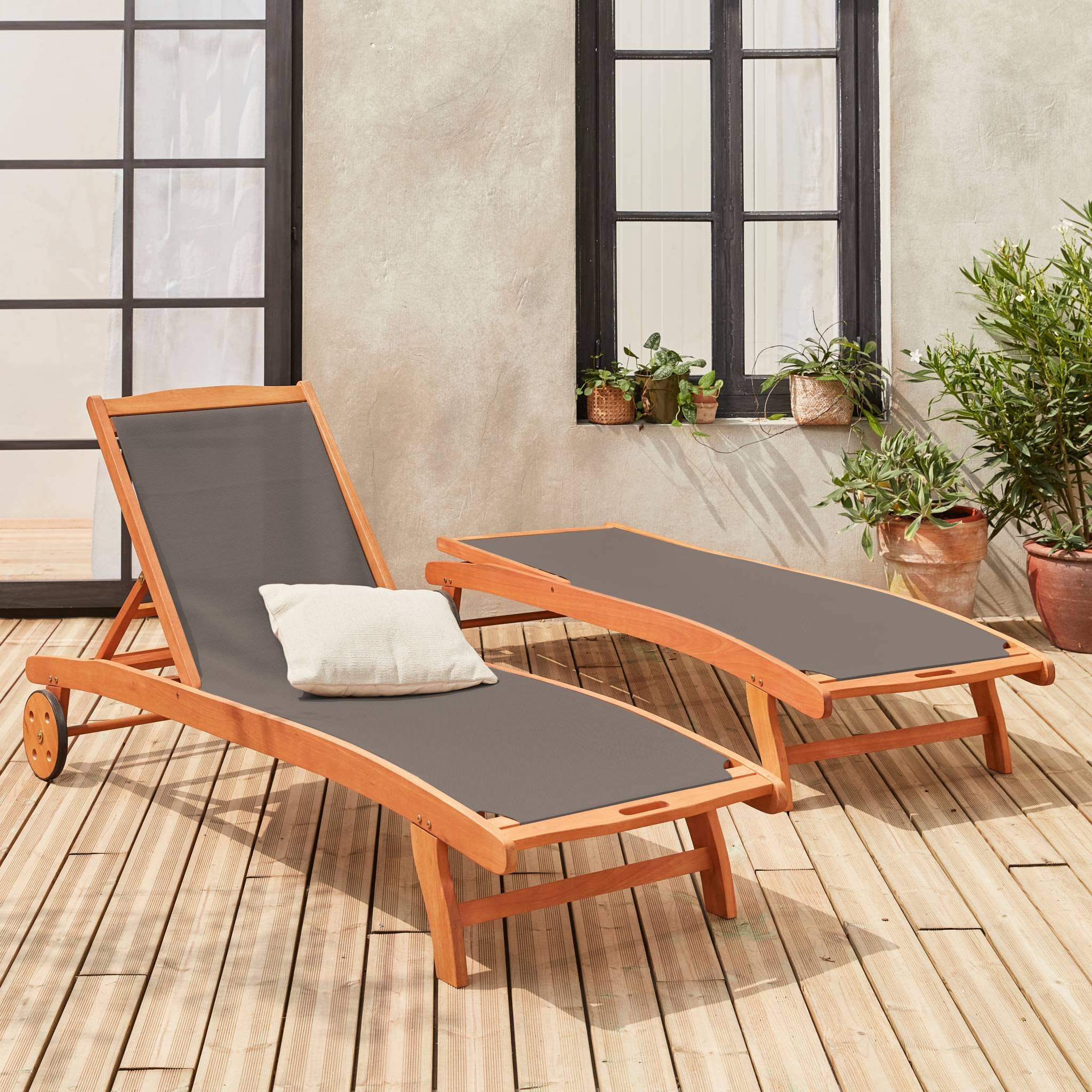 Set 2 lettini prendisole in legno multiposizione con ruote Antracite - 196x68x91 cm